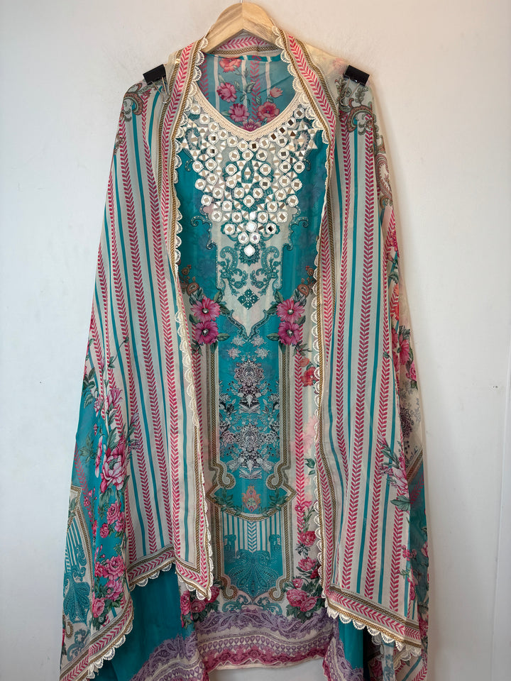 Miraya – Blue Organza Digital Mirror Suit