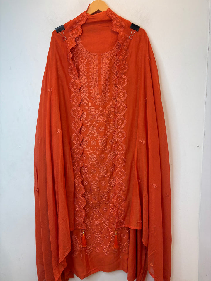 Zarvisha – Orange Mul Cotton Embroidered Cutwork Suit