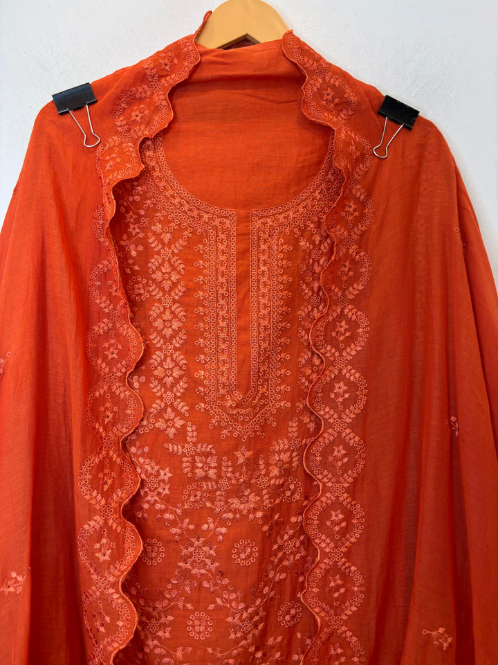 Zarvisha – Orange Mul Cotton Embroidered Cutwork Suit