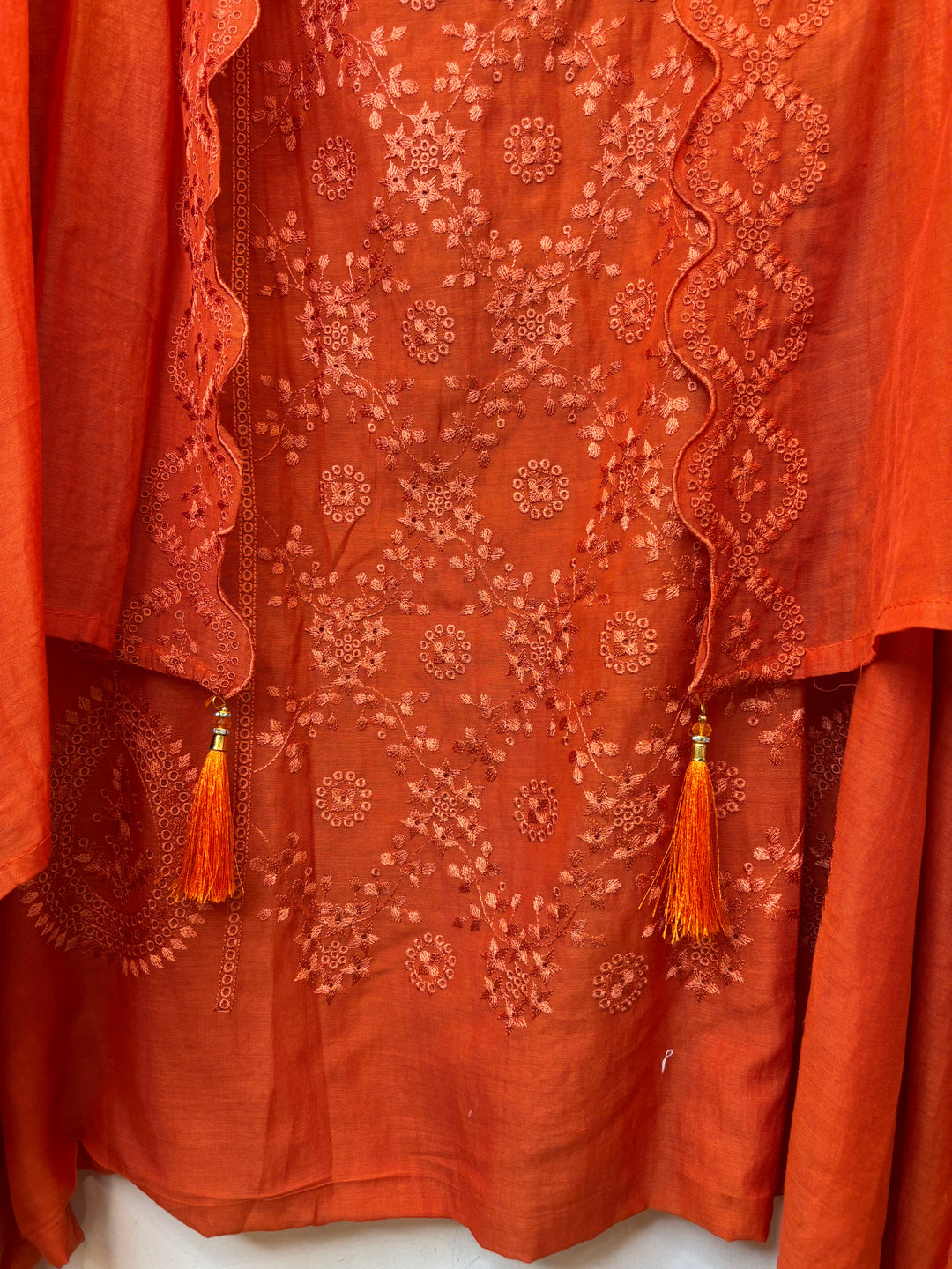 Zarvisha – Orange Mul Cotton Embroidered Cutwork Suit