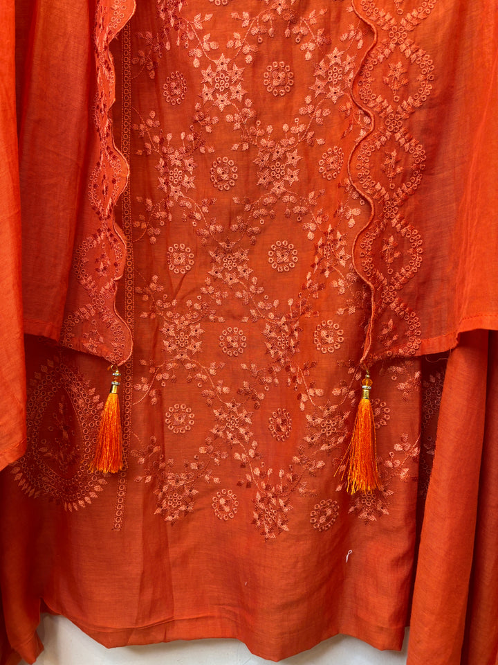 Zarvisha – Orange Mul Cotton Embroidered Cutwork Suit