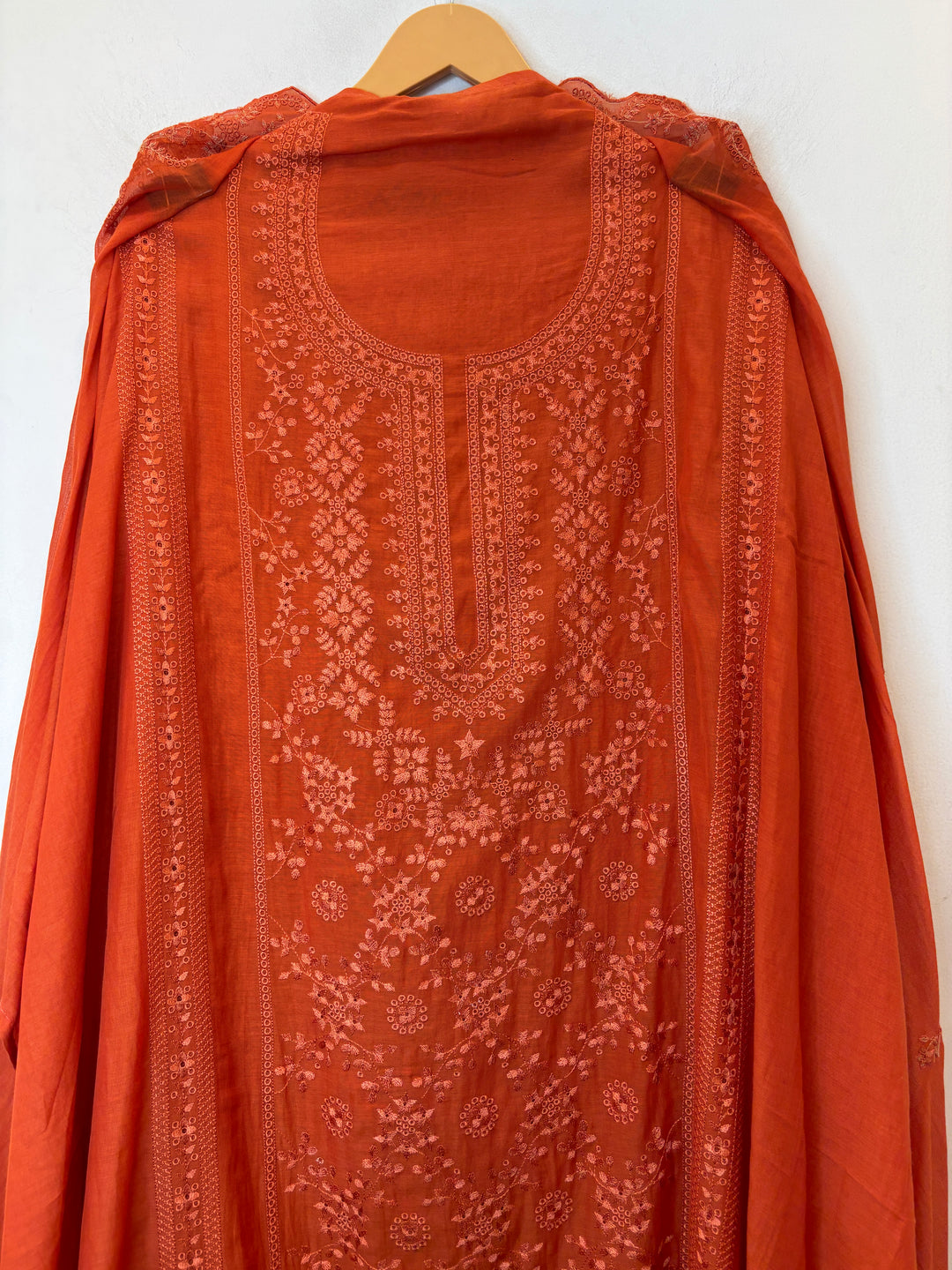Zarvisha – Orange Mul Cotton Embroidered Cutwork Suit