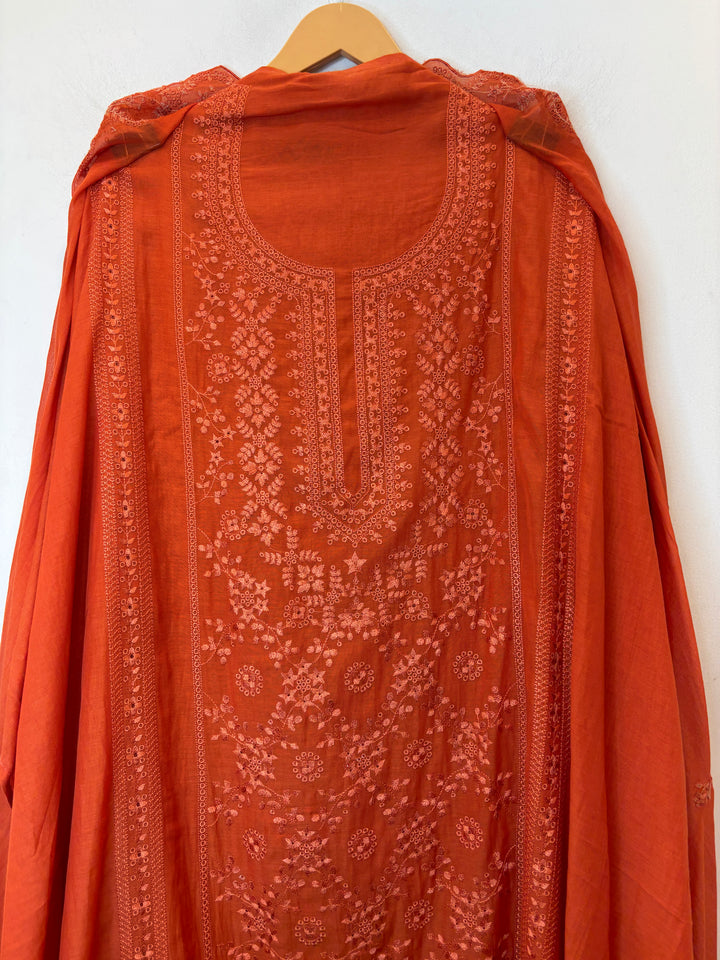 Zarvisha – Orange Mul Cotton Embroidered Cutwork Suit