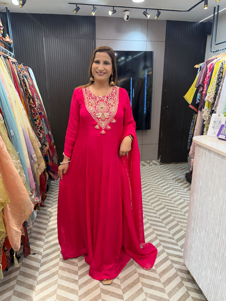 Pink Chinon Anarkali Handwork Set DBPST02