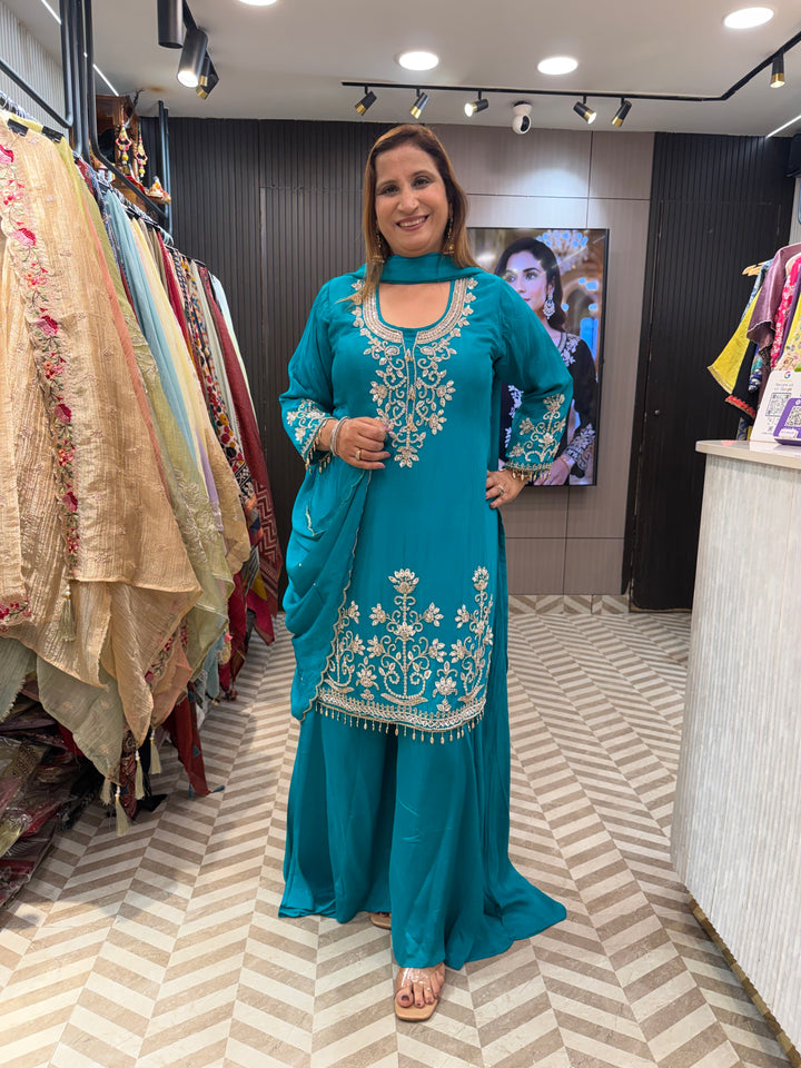 Zoya – Blue Chinon Cutdana Sequin Sharara Set