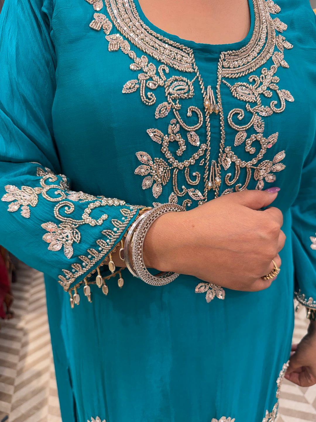 Zoya – Blue Chinon Cutdana Sequin Sharara Set