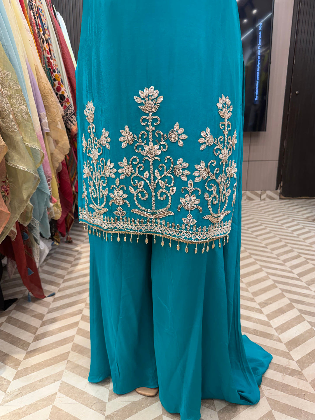 Zoya – Blue Chinon Cutdana Sequin Sharara Set