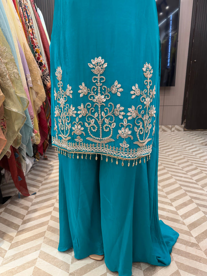 Zoya – Blue Chinon Cutdana Sequin Sharara Set