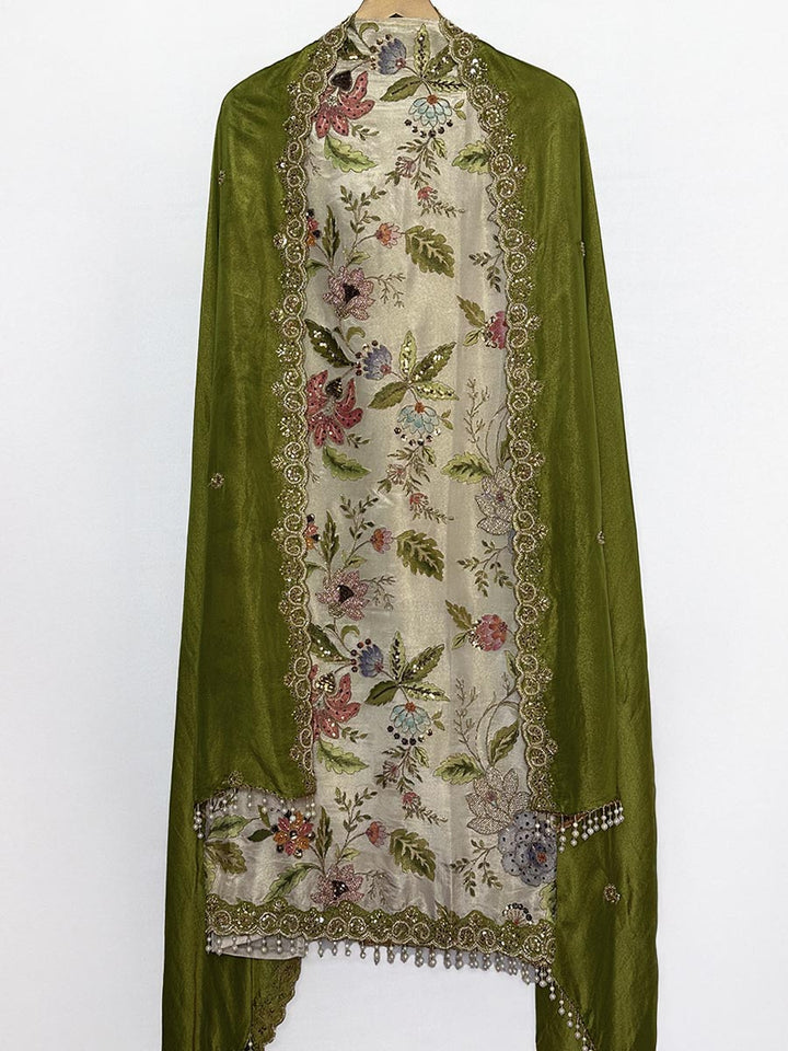 Olive Bloom Zari &amp; Pearl Unstitched Set
