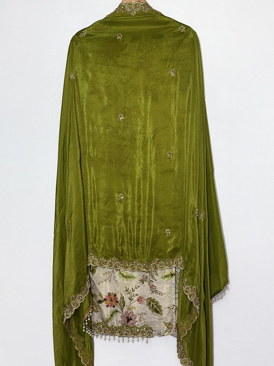 Olive Bloom Zari &amp; Pearl Unstitched Set