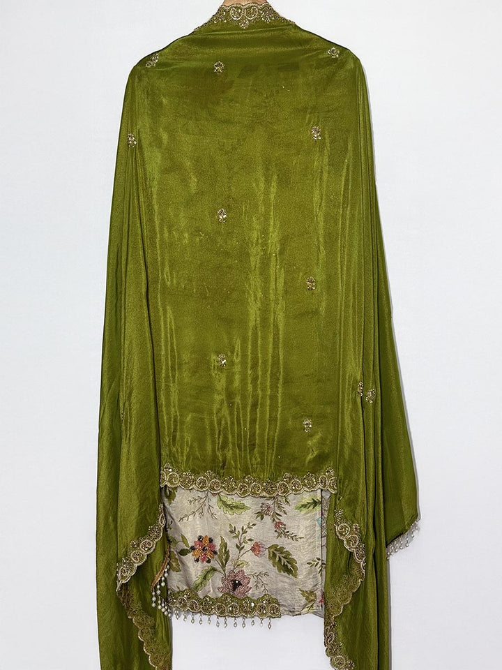 Olive Bloom Zari &amp; Pearl Unstitched Set