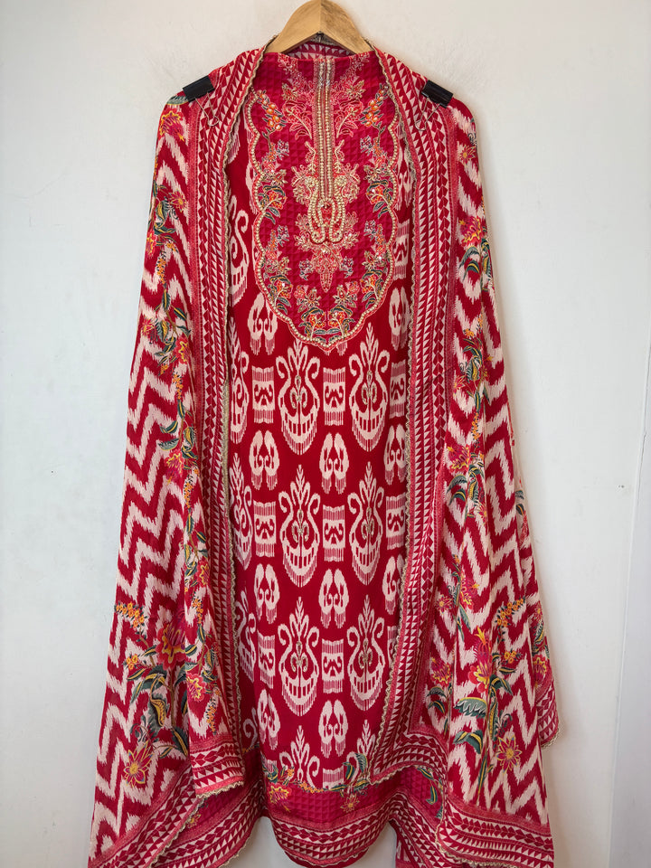 Ikkaya – Red Crepe Ikat Handwork Suit