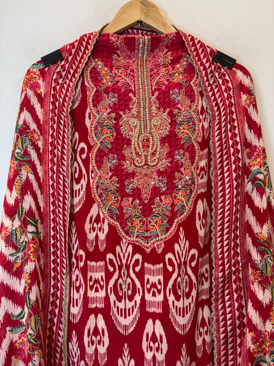 Ikkaya – Red Crepe Ikat Handwork Suit