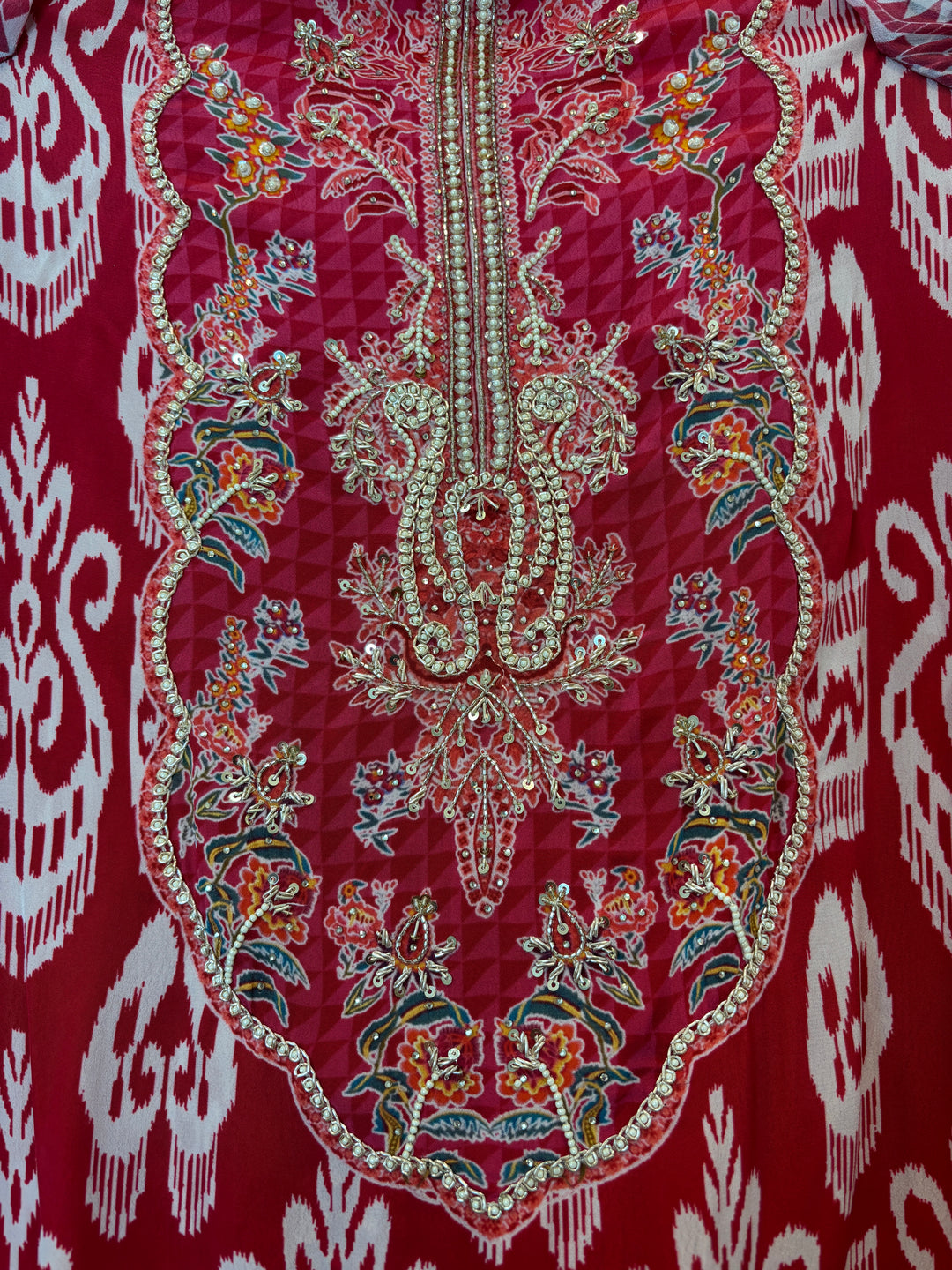 Ikkaya – Red Crepe Ikat Handwork Suit