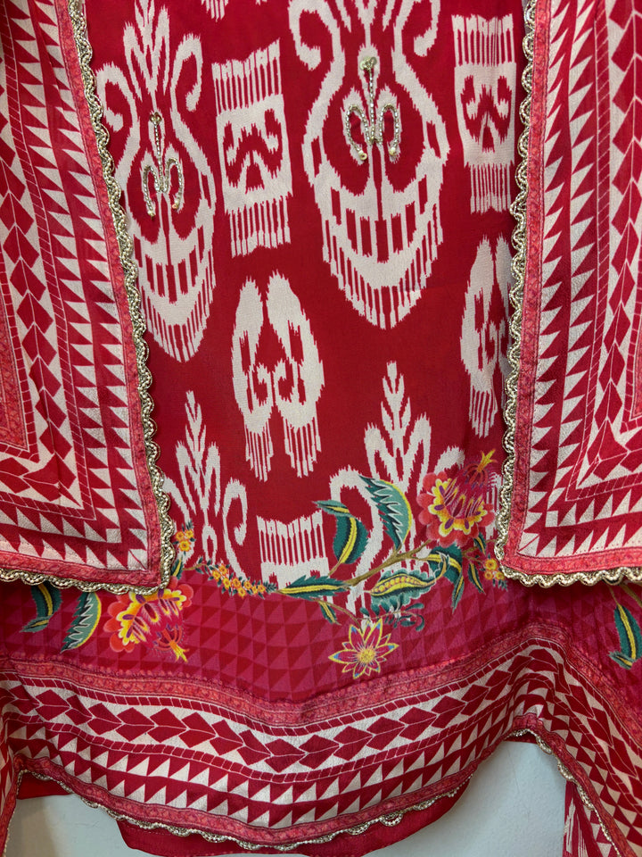 Ikkaya – Red Crepe Ikat Handwork Suit