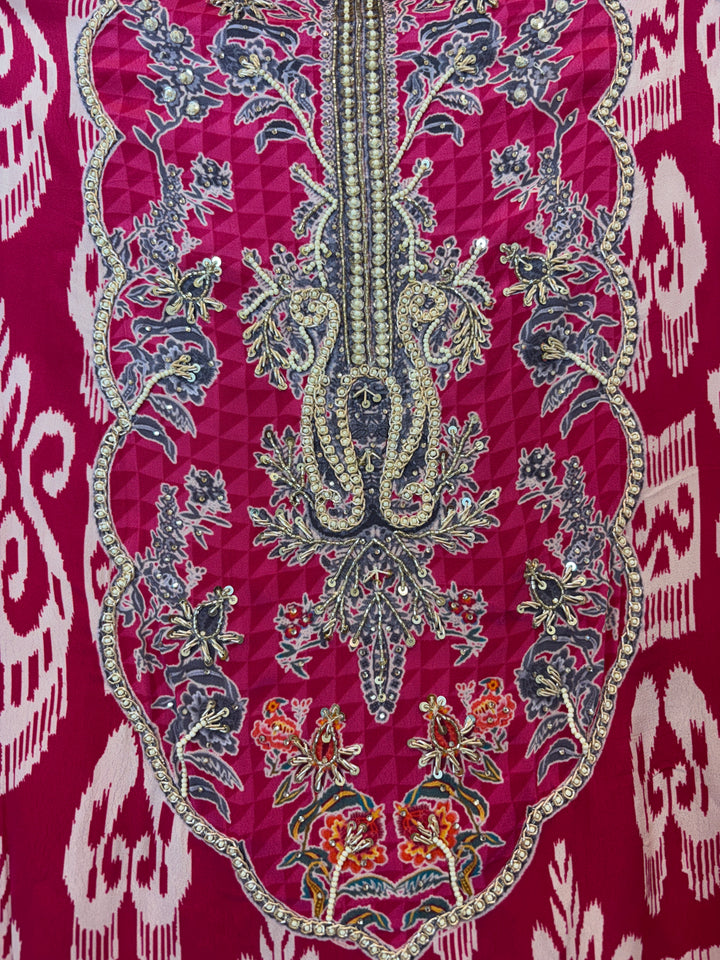 Ikkaya – Pink Crepe Ikat Handwork Suit