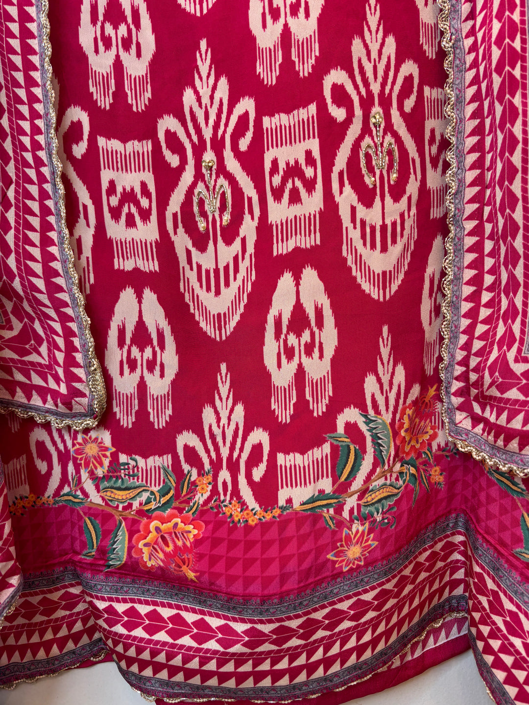 Ikkaya – Pink Crepe Ikat Handwork Suit