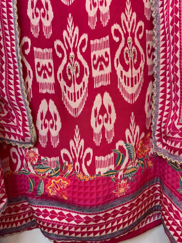 Ikkaya – Pink Crepe Ikat Handwork Suit