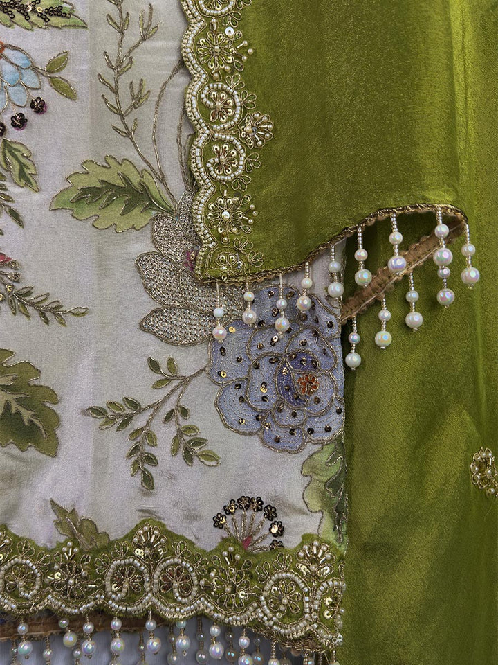 Olive Bloom Zari &amp; Pearl Unstitched Set