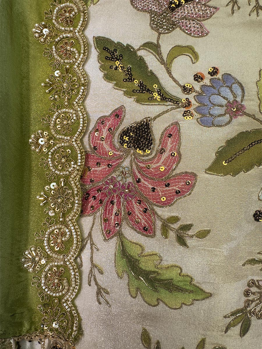 Olive Bloom Zari &amp; Pearl Unstitched Set