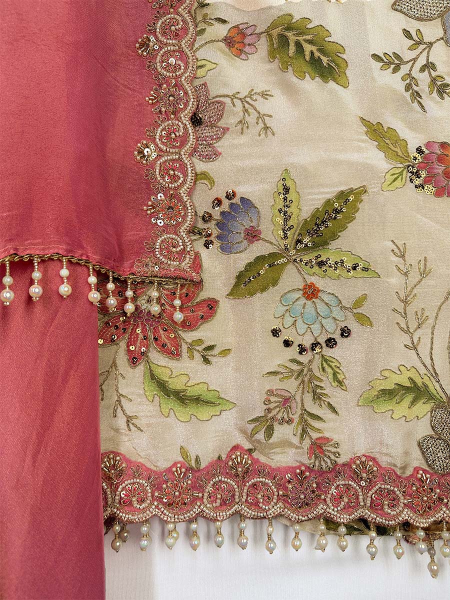 Pink Bloom Zari &amp; Pearl Unstitched Set