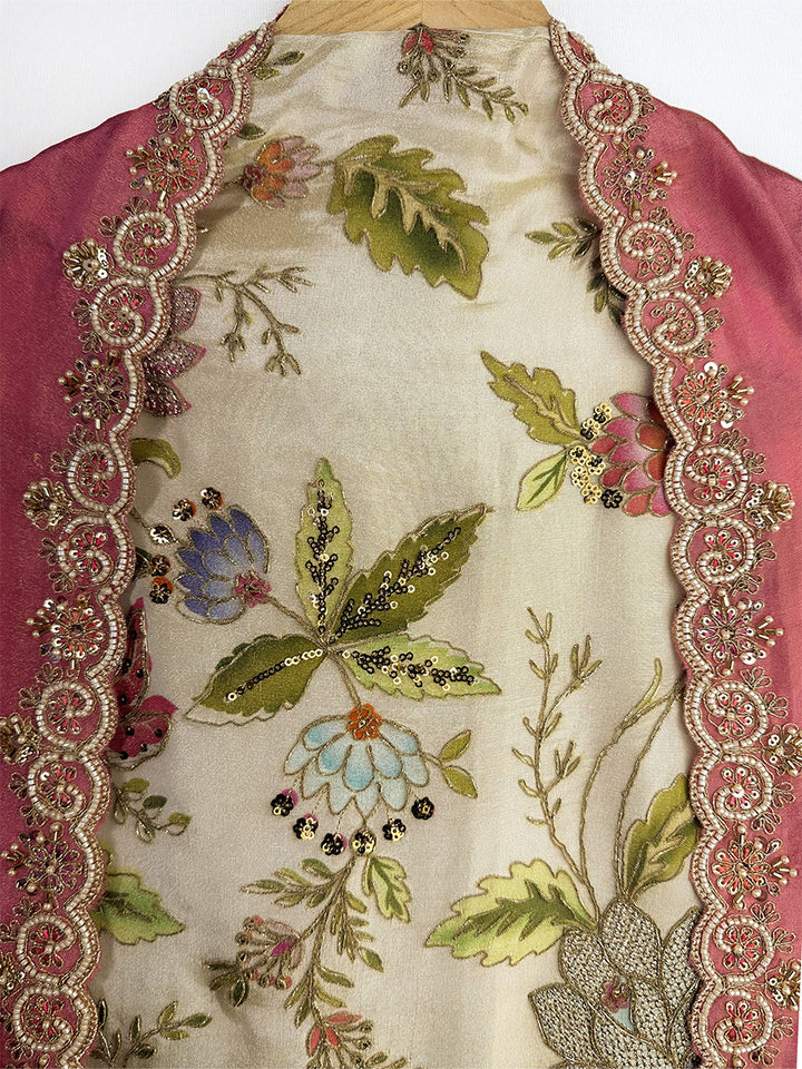 Pink Bloom Zari &amp; Pearl Unstitched Set