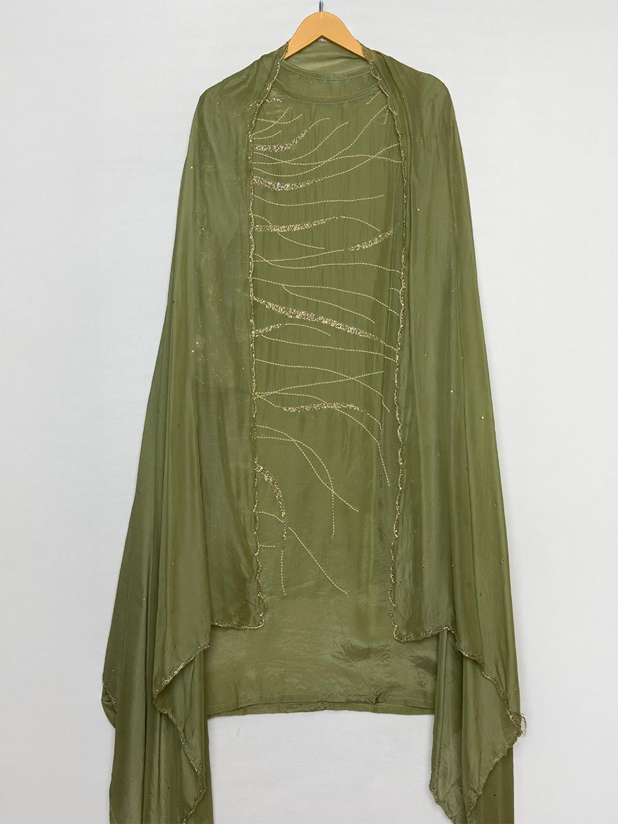 Olive Whisper Cutdana &amp; shimmer Semi-Stitched Set