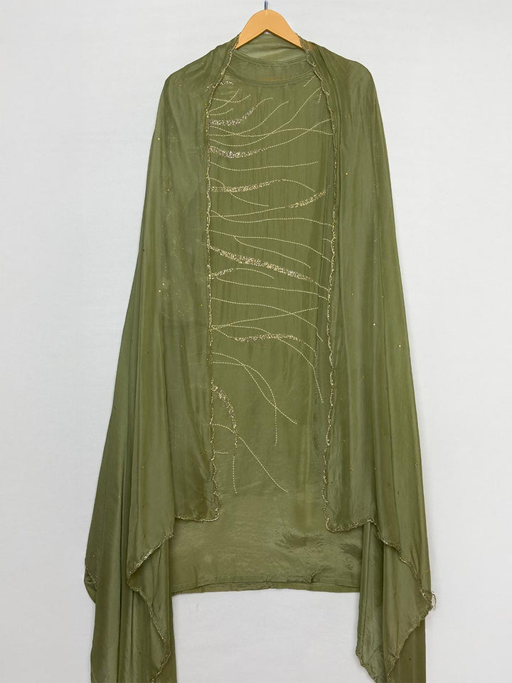 Olive Whisper Cutdana &amp; shimmer Semi-Stitched Set