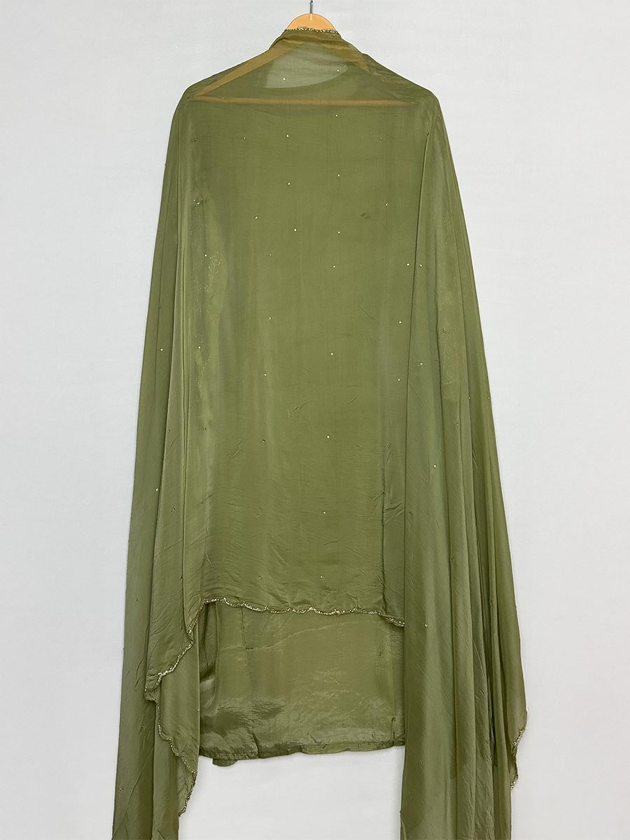 Olive Whisper Cutdana &amp; shimmer Semi-Stitched Set