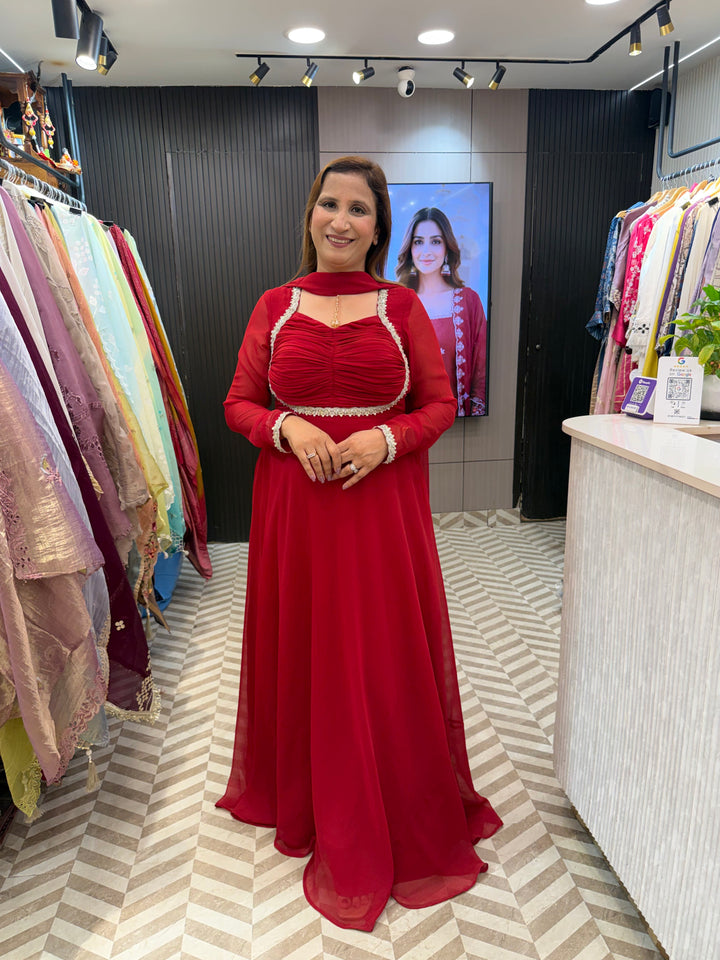 Georgette Anarkali Handwork Lace Ensemble