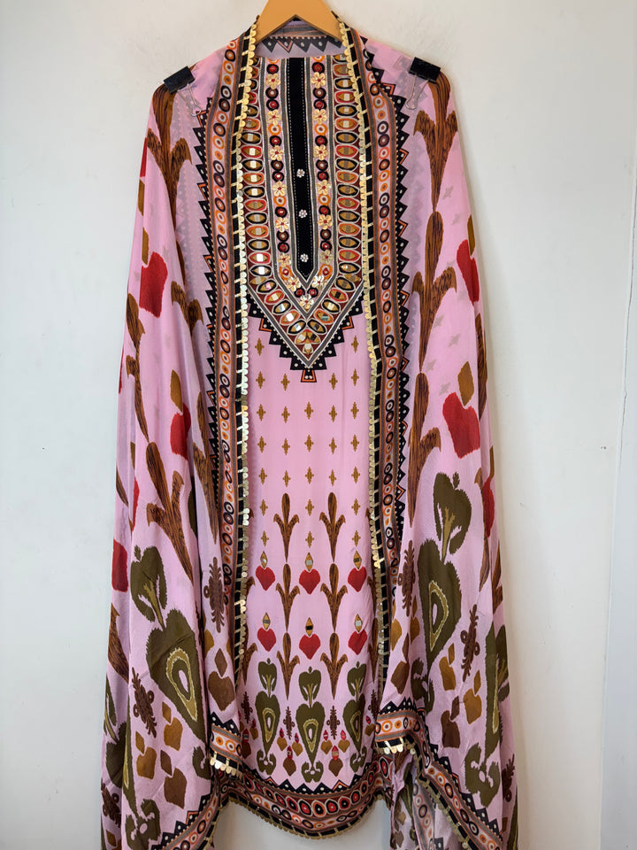 Ikkara – Pink Crepe Ikkat Mirror Suit