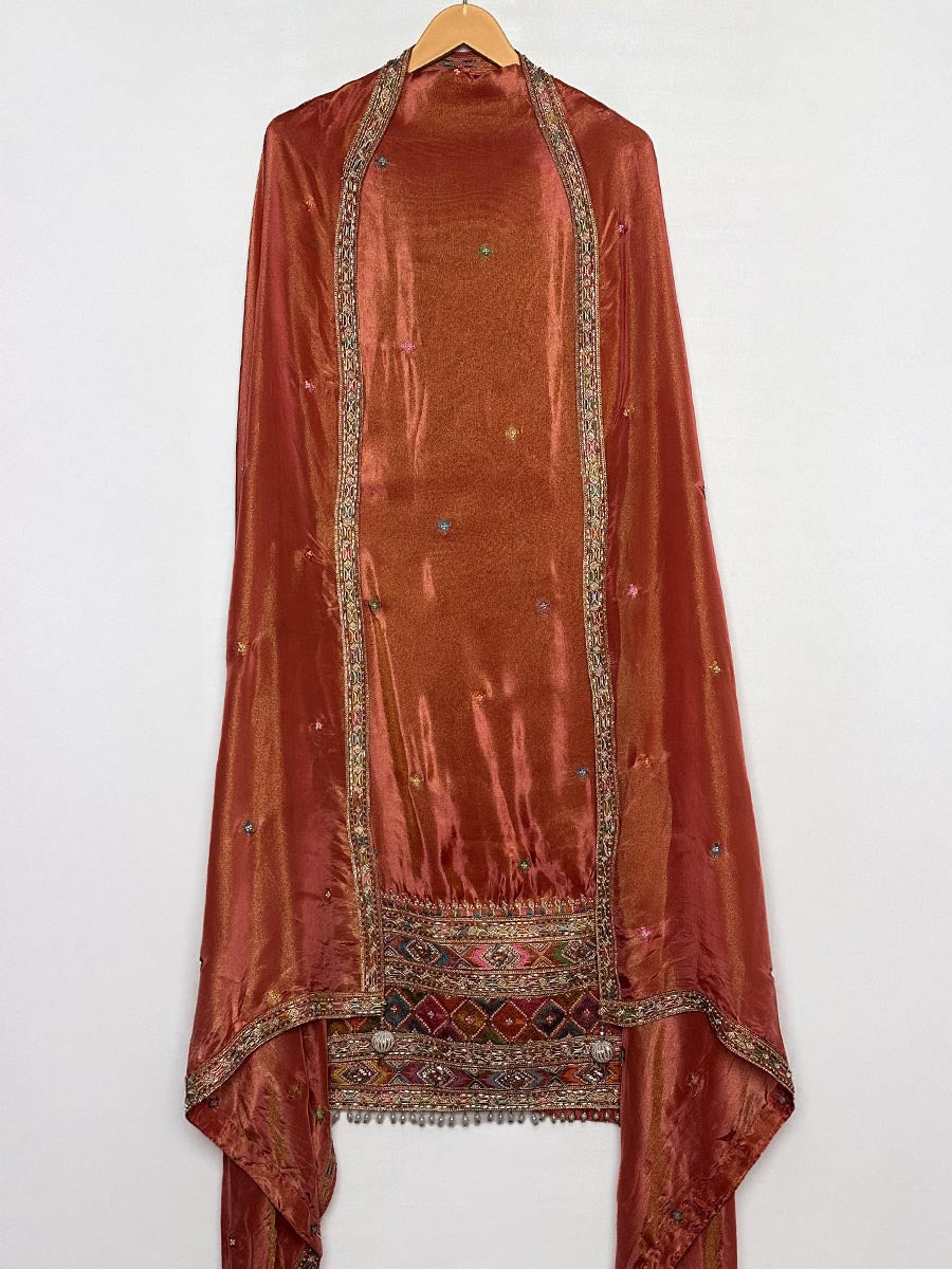 Rust Aura – Unstitched Handwork Tissue Shimmer Ensemble