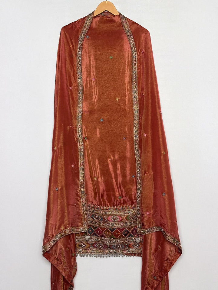 Rust Aura – Unstitched Handwork Tissue Shimmer Ensemble