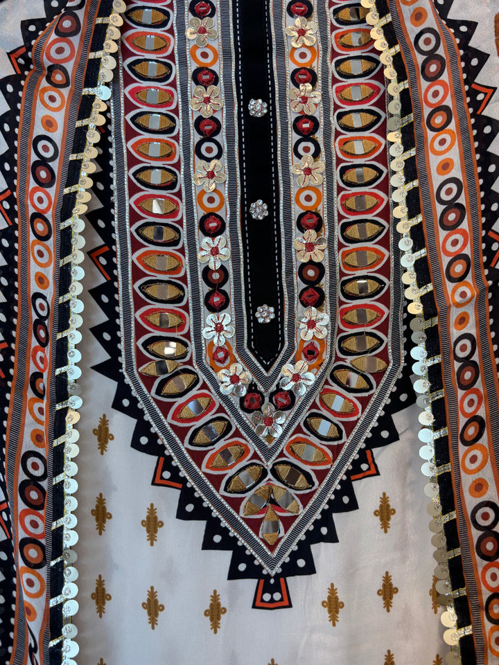Ikkara – Beige Crepe Ikkat Mirror Suit