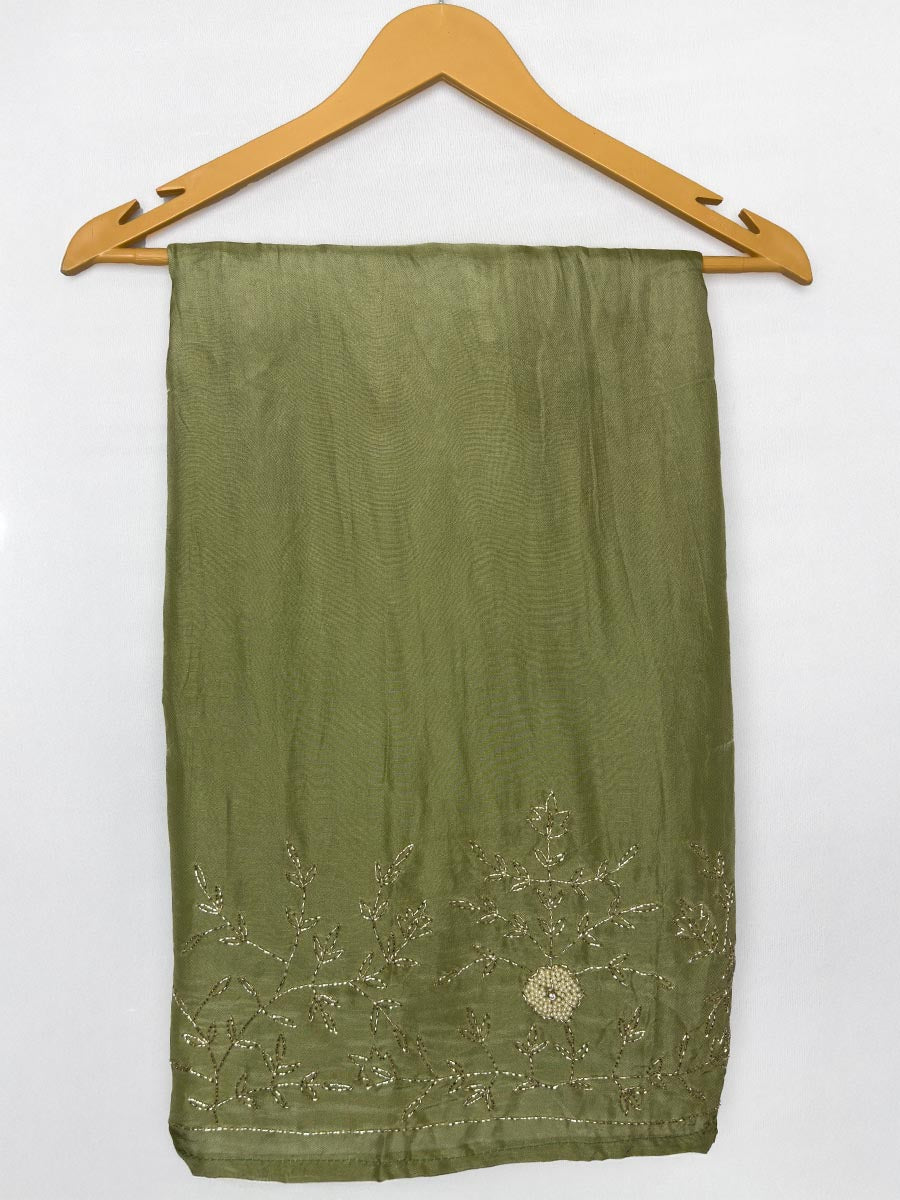 Olive Whisper Cutdana &amp; shimmer Semi-Stitched Set