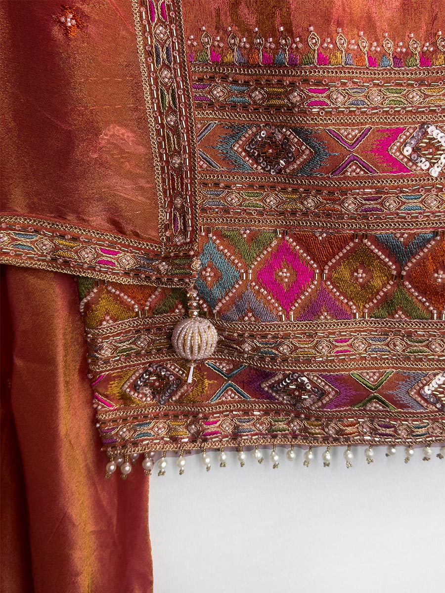 Rust Aura – Unstitched Handwork Tissue Shimmer Ensemble