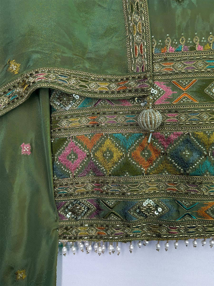 Green Aura - Unstitched Handwork Tissue Shimmer Ensemble