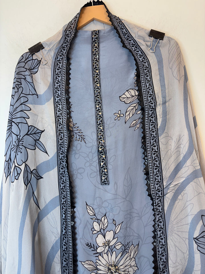 Zaylina – Grey Crepe Floral Handwork Suit