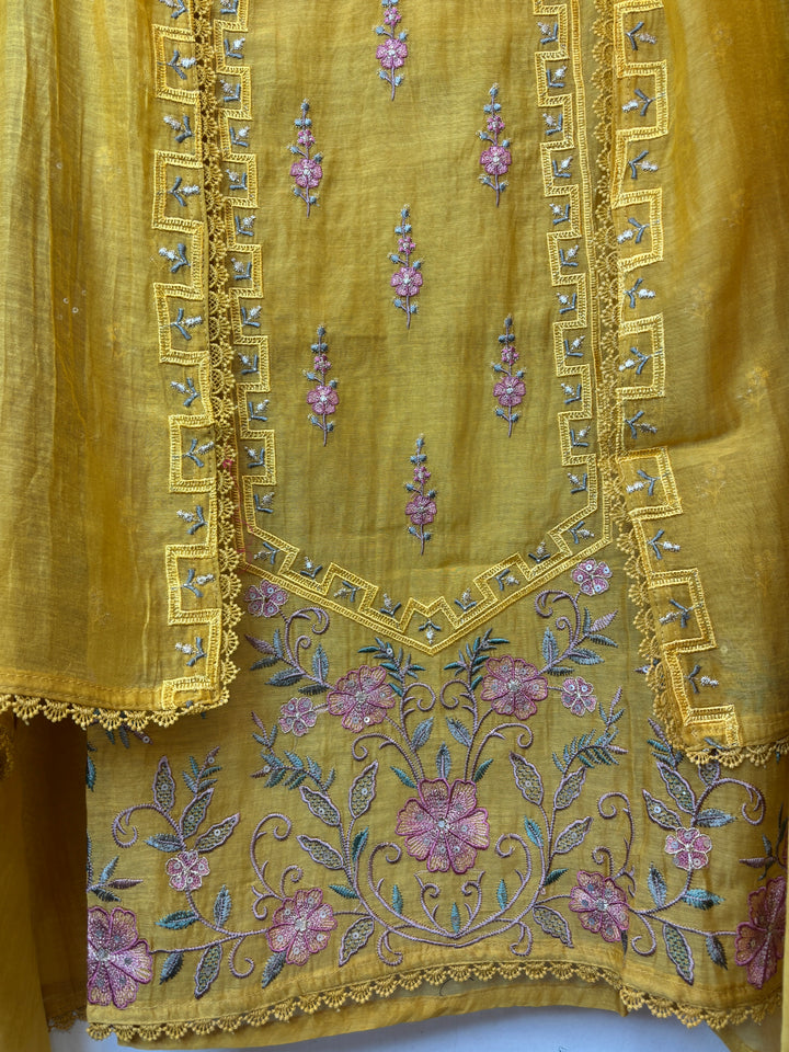 Zarvisha – Yellow Mul Cotton Zari Floral Suit