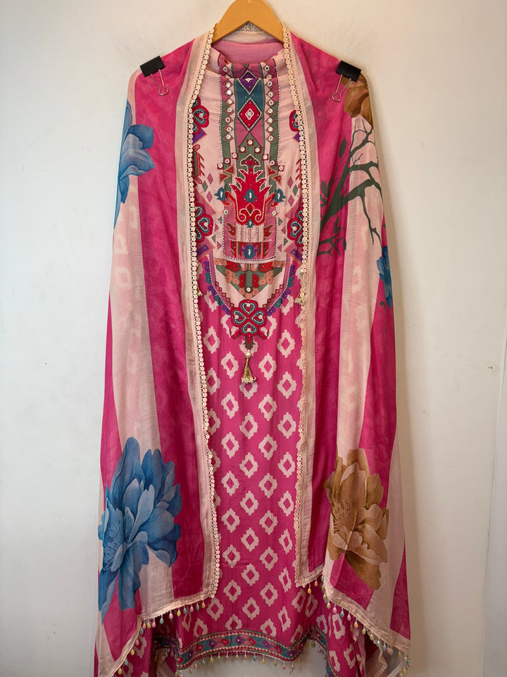 Ikkara – Pink Muslin Ikkat Pearl Suit