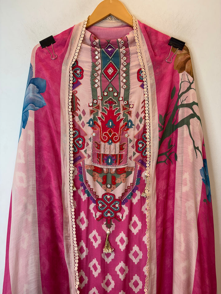 Ikkara – Pink Muslin Ikkat Pearl Suit
