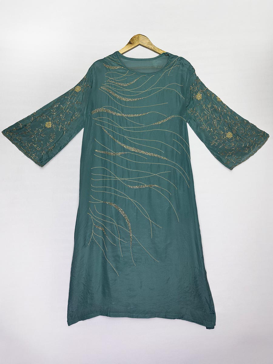 Teal Mirage Cutdana &amp; shimmer Semi-Stitched Set