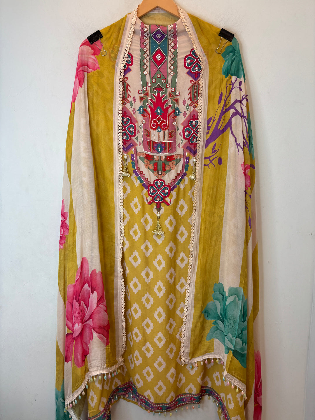 Ikkara – Yellow Muslin Ikkat Pearl Suit
