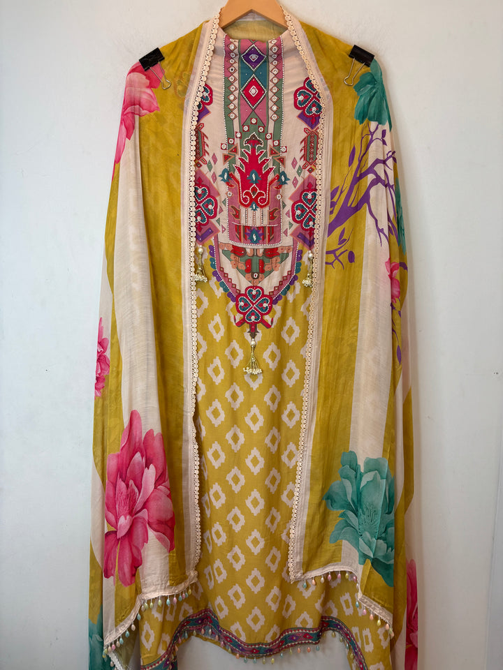 Ikkara – Yellow Muslin Ikkat Pearl Suit