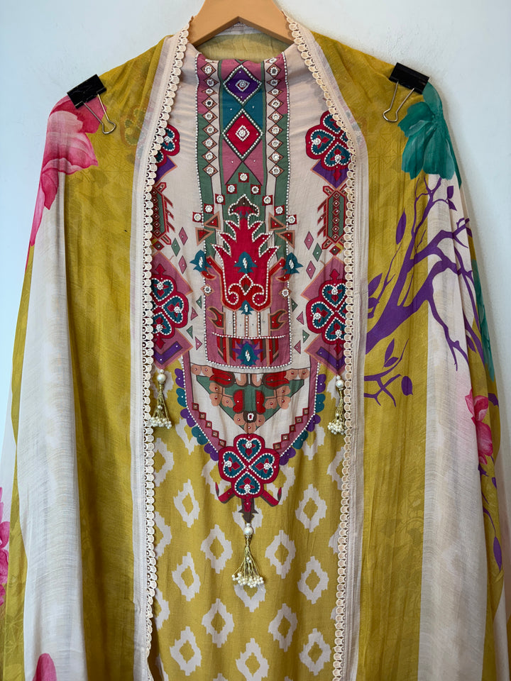 Ikkara – Yellow Muslin Ikkat Pearl Suit