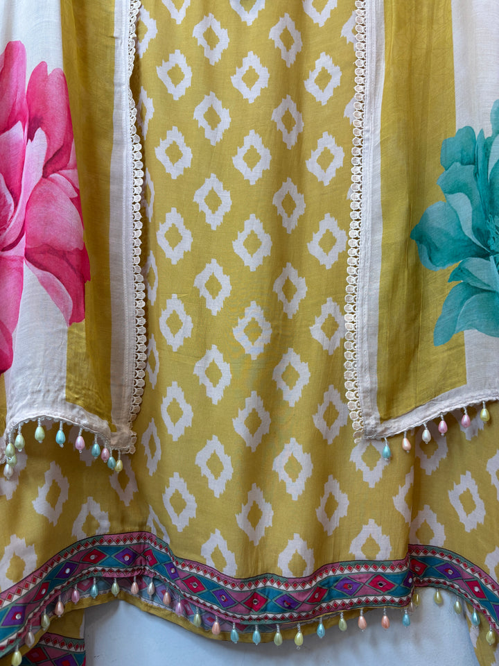 Ikkara – Yellow Muslin Ikkat Pearl Suit