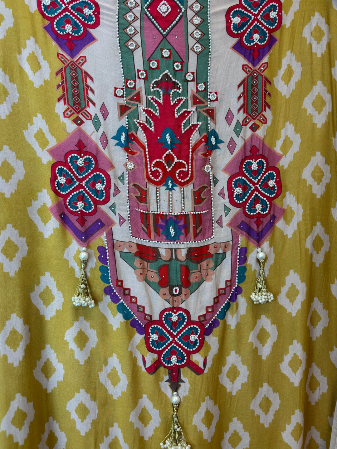 Ikkara – Yellow Muslin Ikkat Pearl Suit