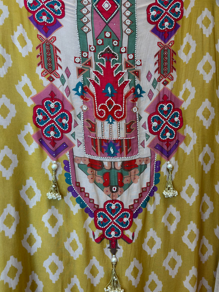 Ikkara – Yellow Muslin Ikkat Pearl Suit