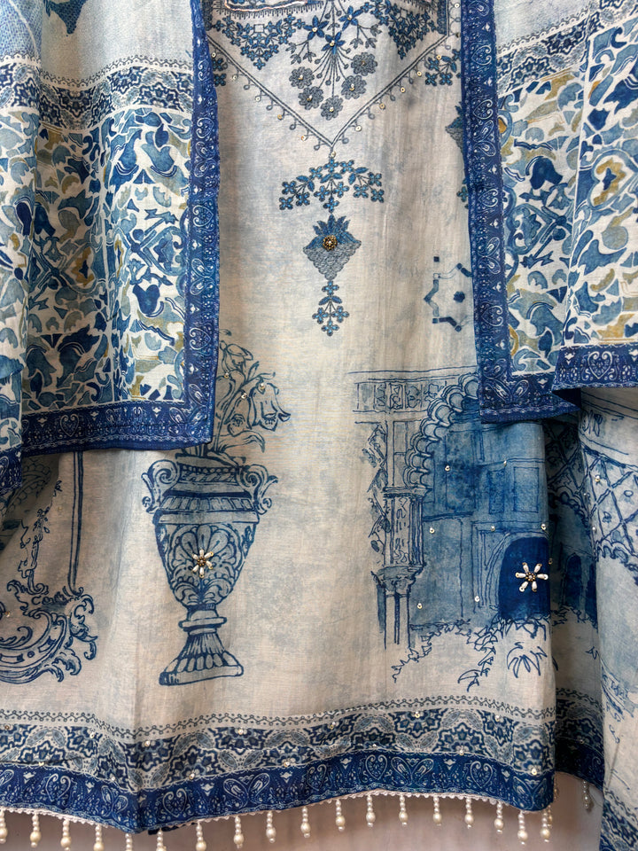 Pearlina – Blue Mul Cotton Printed Highlight Suit