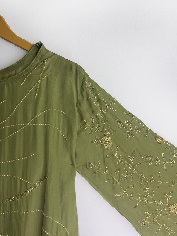 Olive Whisper Cutdana &amp; shimmer Semi-Stitched Set